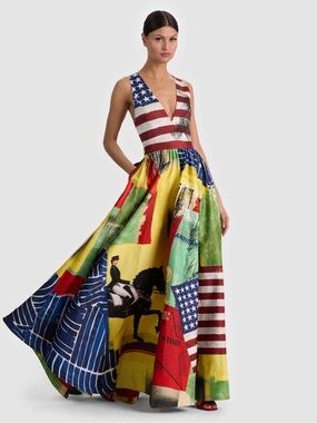 Alice and Olivia Multicolor V-Neck Maxi Dress with American Flag Print